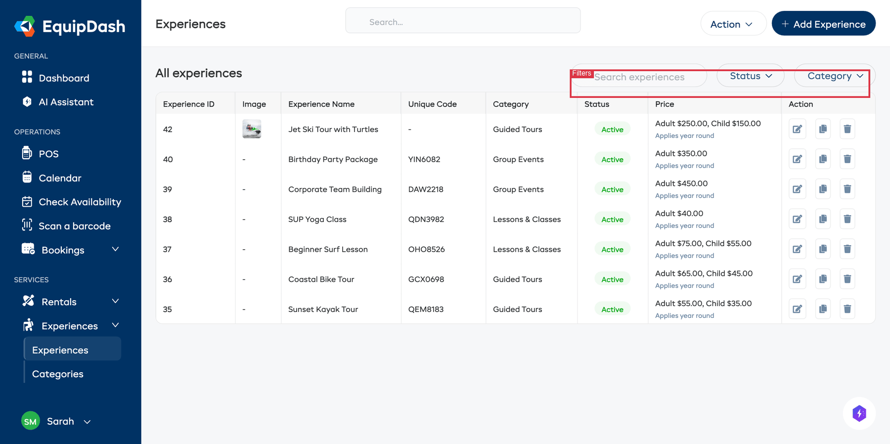 The Experiences page showing the sidebar navigation, the experiences table, and the search and filter controls highlighted