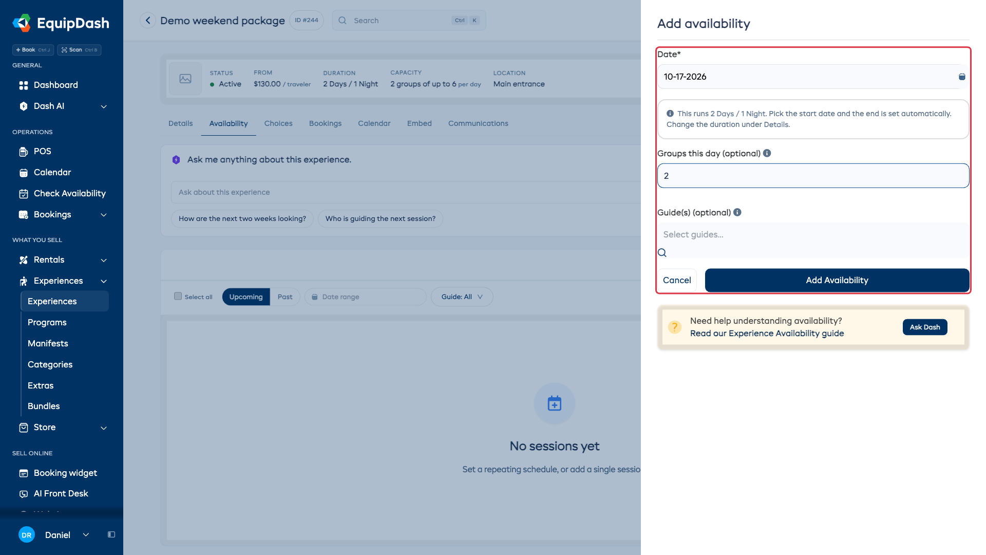 The Add availability drawer showing Date, a two-day duration summary and Groups this day