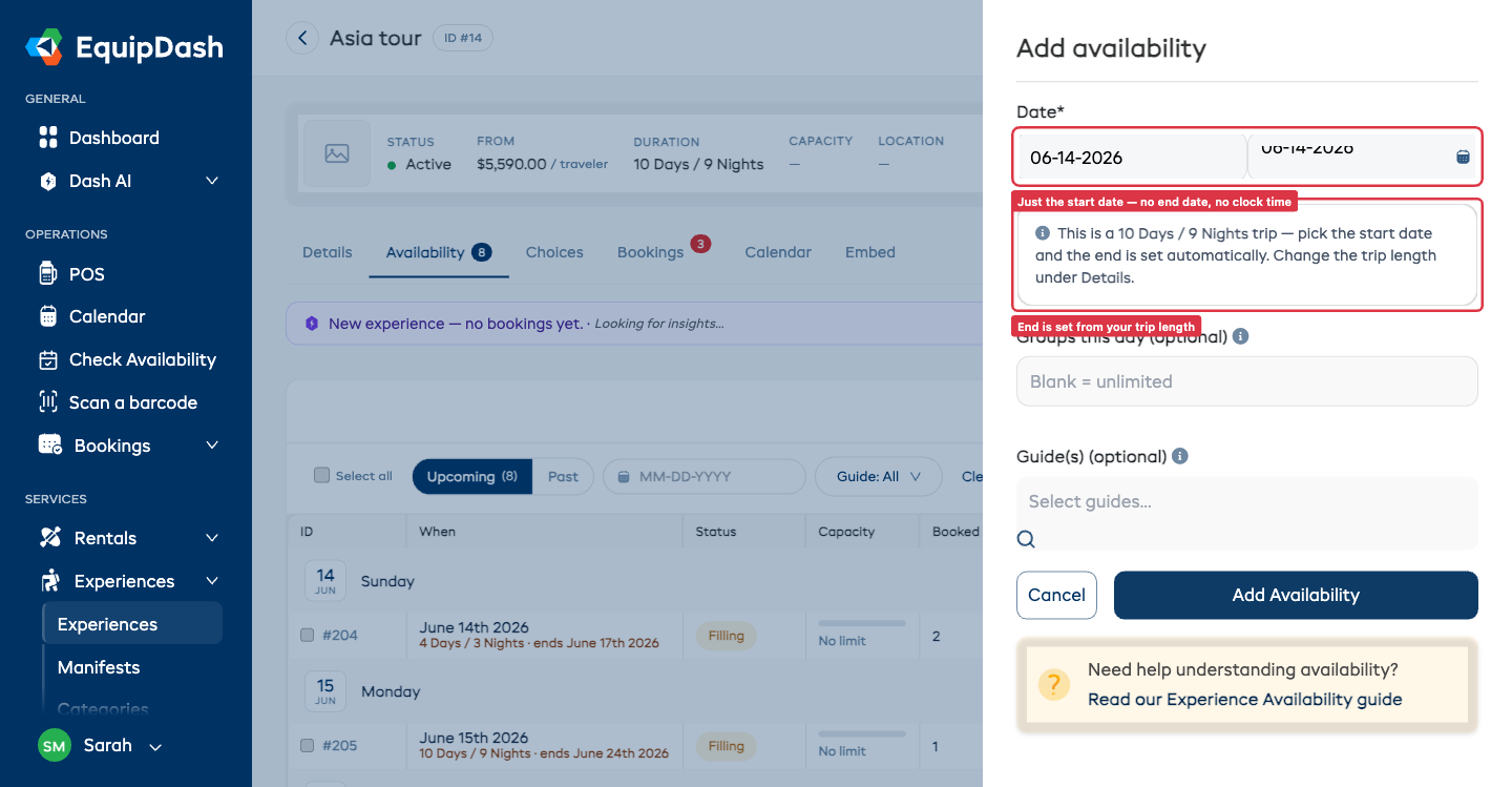 The Add availability panel for a package, showing only a start-date picker with a note that the end date is set automatically from the trip length — no end date and no clock time
