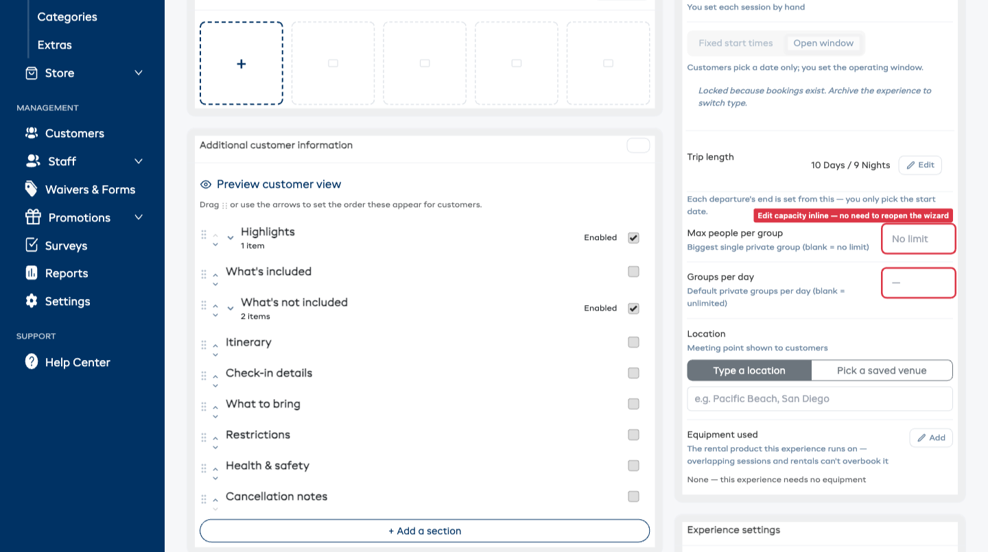 The experience Details tab showing the inline-editable Max people per group and Groups per day capacity fields for a package