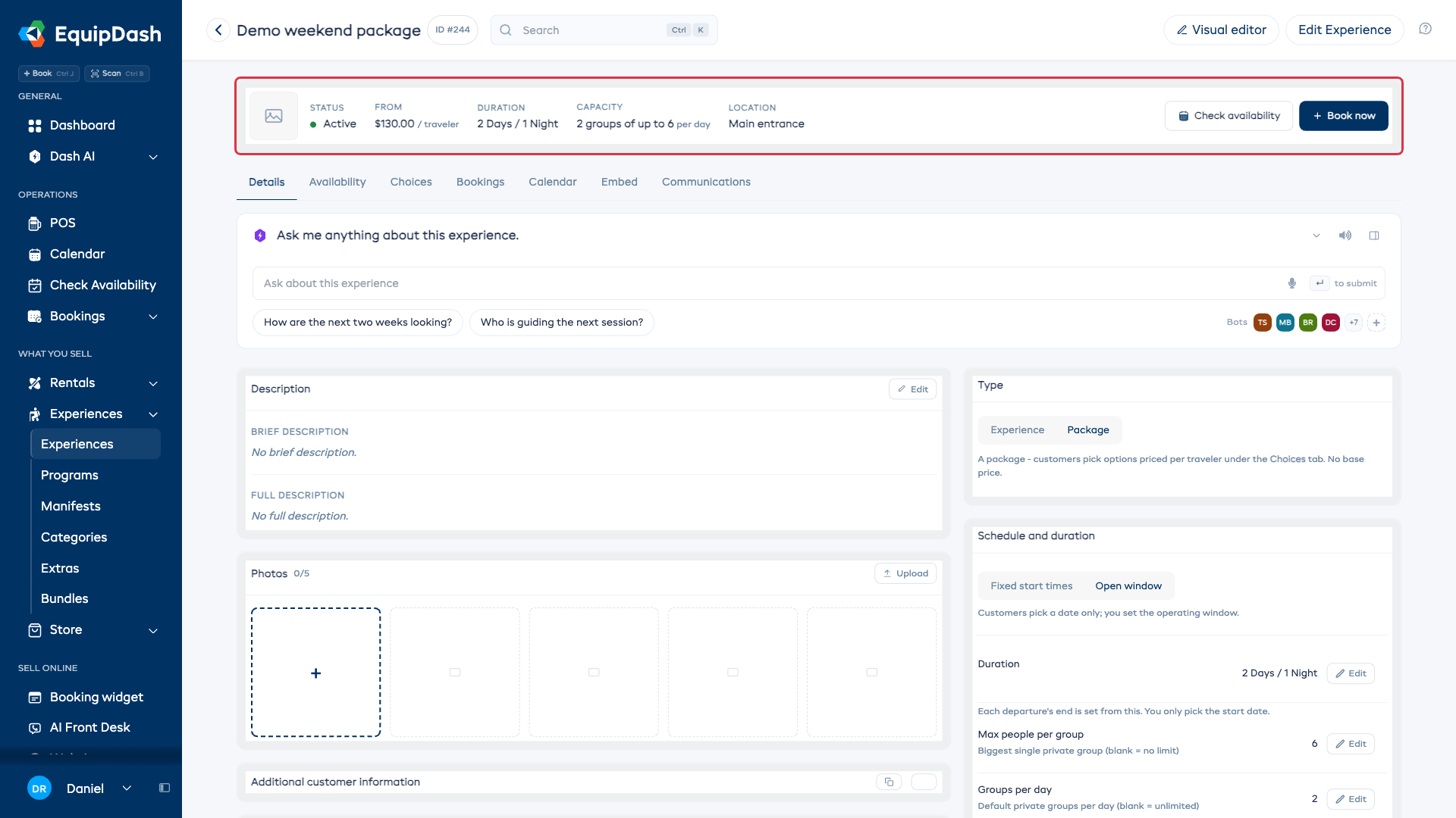 The saved package summary showing two groups per day and a maximum of six people per group