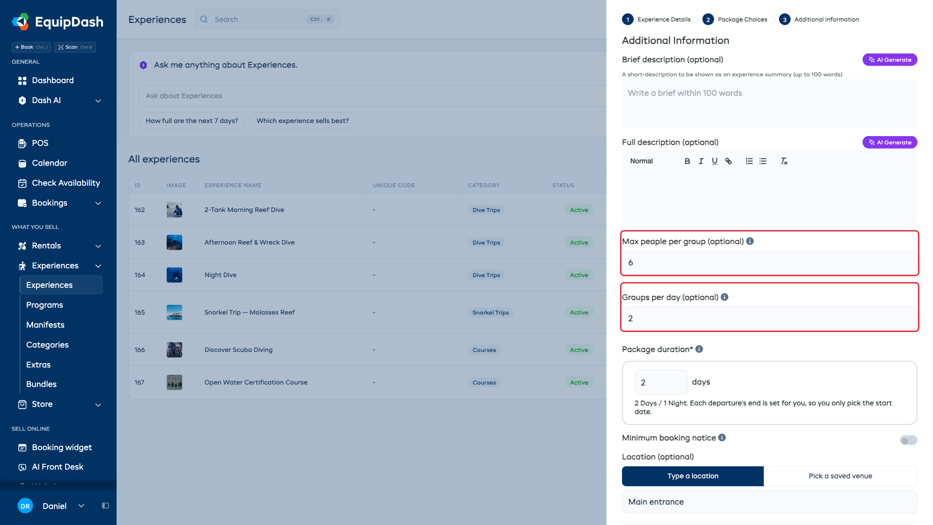 The experience wizard for a package, with the Max people per group and Groups per day fields highlighted