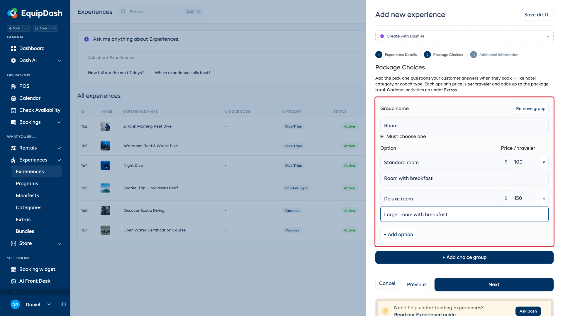 The Package Choices step showing a Room question with Standard room and Deluxe room options, each with a price-per-traveler field
