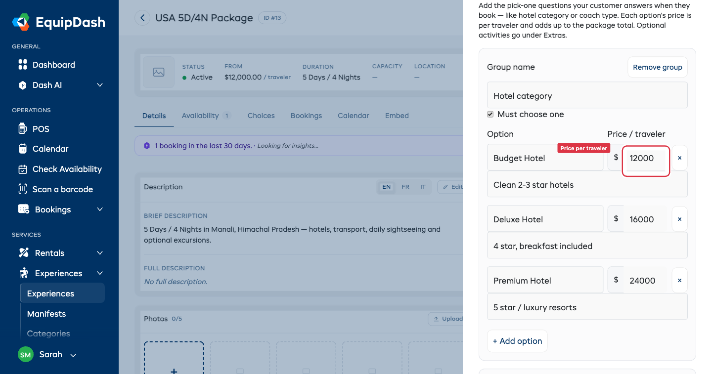 The Package Choices step showing the Hotel category choice group with Budget, Deluxe, and Premium options, each with a price-per-traveler field