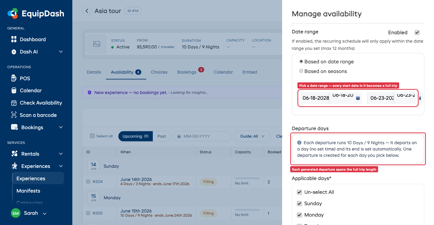 The Manage availability panel for a package, set to generate recurring departures across a start and end date range, with a note that each generated departure spans the full trip length