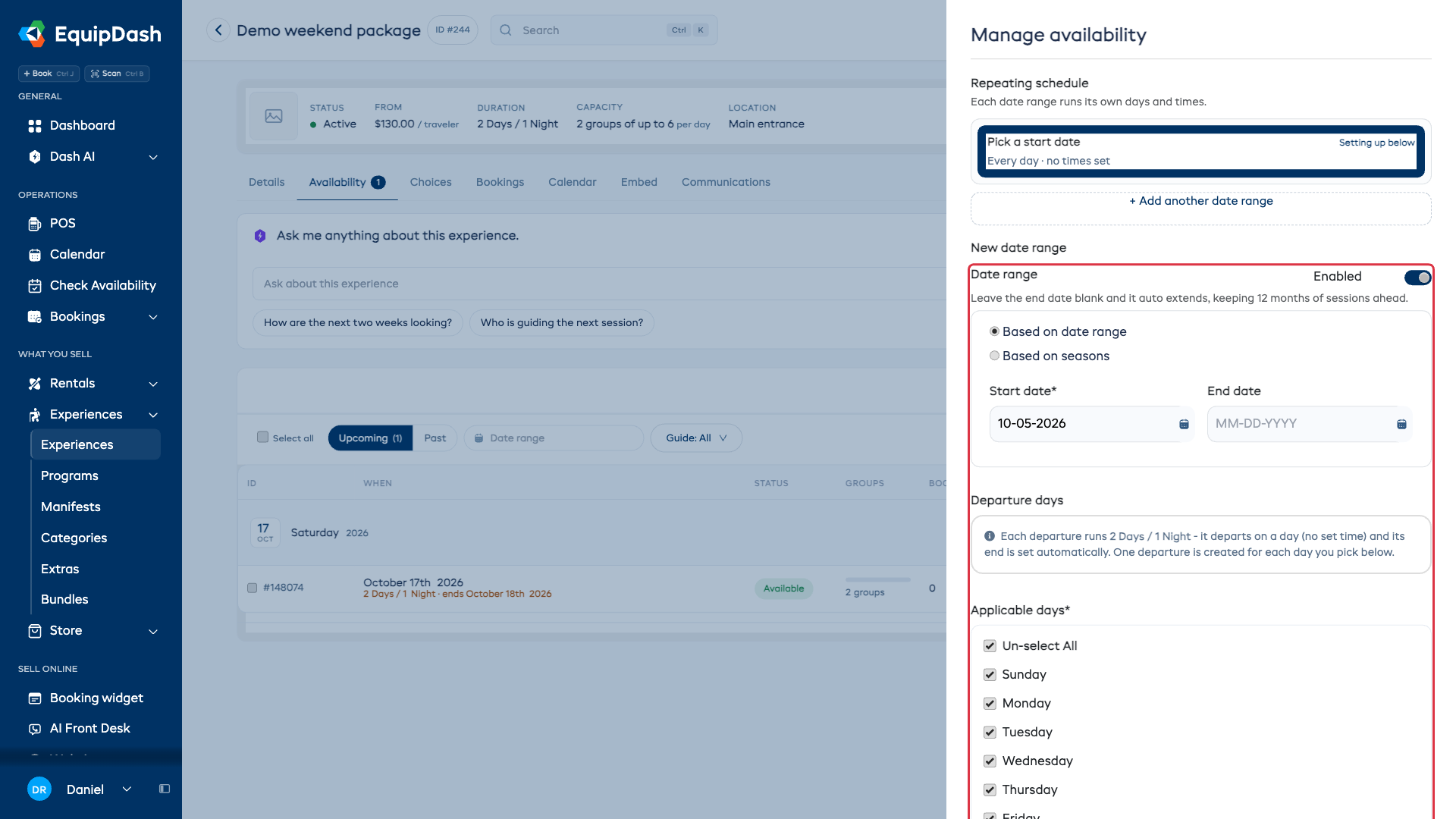 The Manage availability drawer opened with Manage schedule, showing a date range and applicable departure days