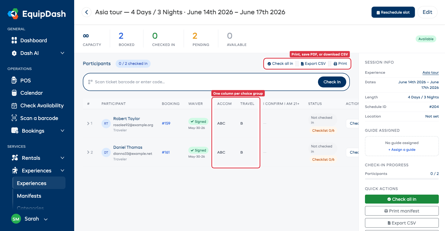 A package departure's manifest showing traveler rows with a separate column for each choice group, plus the Check all in, Export CSV, and Print buttons