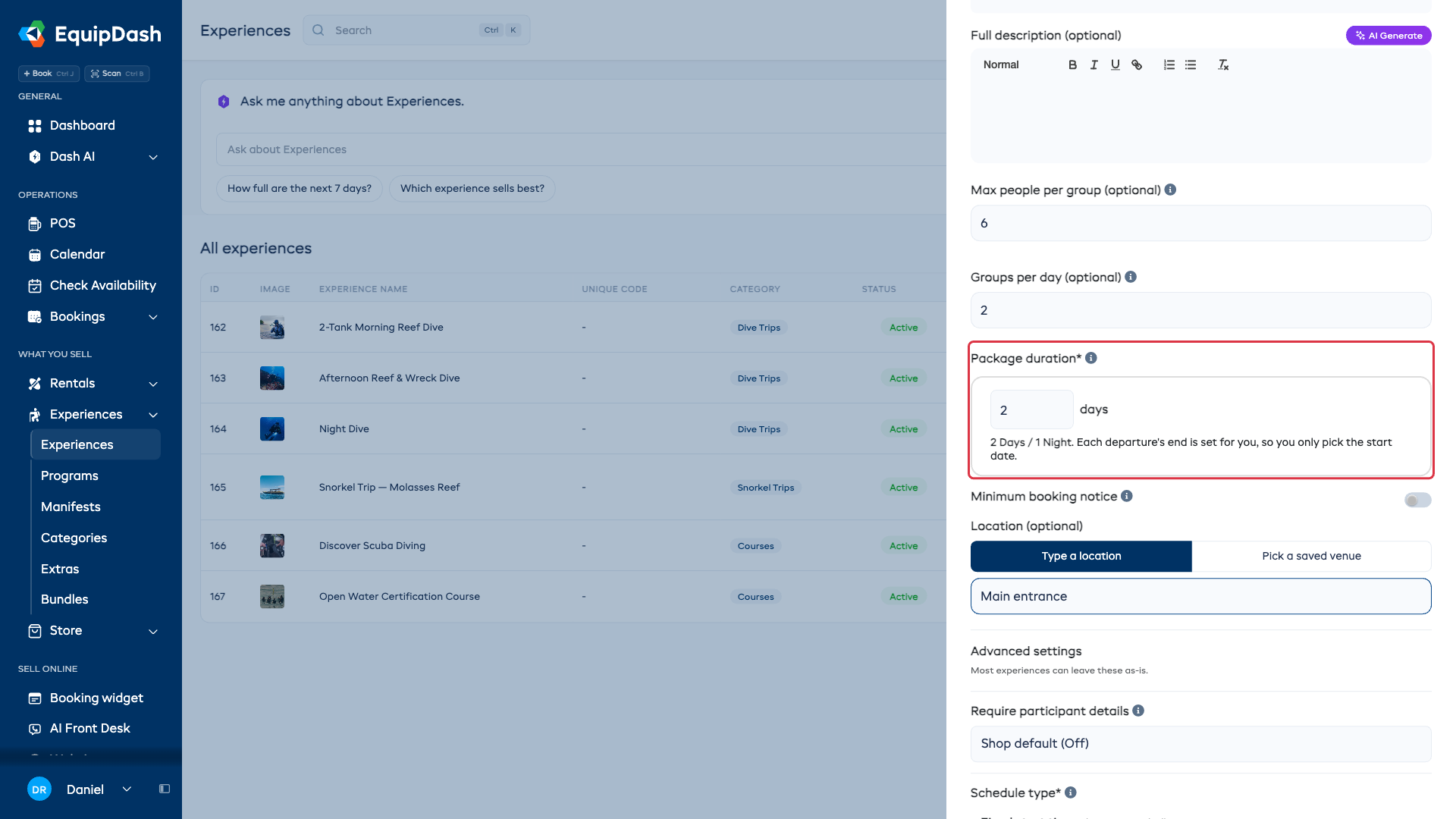 The Package duration field set to 2 days, with the live preview reading 2 Days / 1 Night and a note that each departure's end is set automatically
