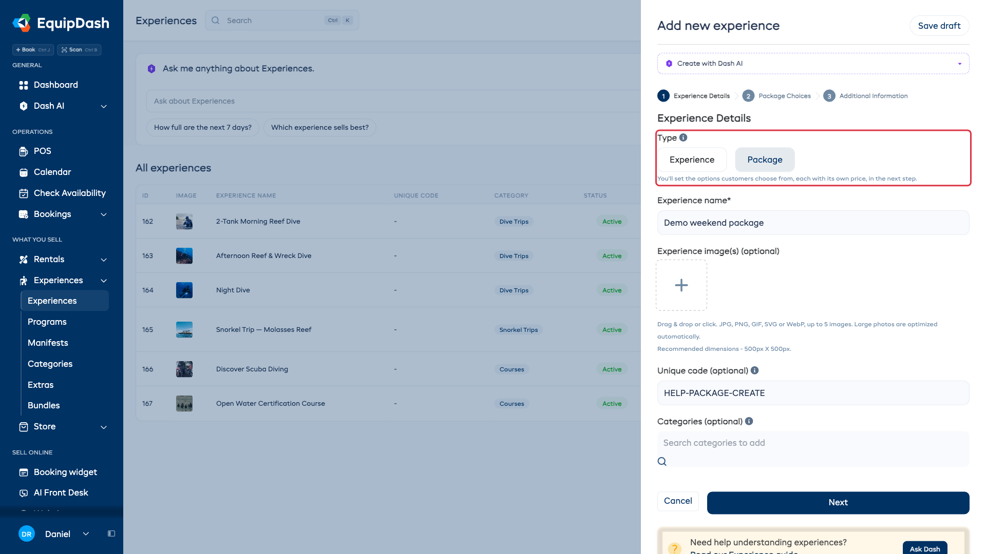 The Add Experience panel open on the experience-type chooser, with the Package option highlighted next to Experience