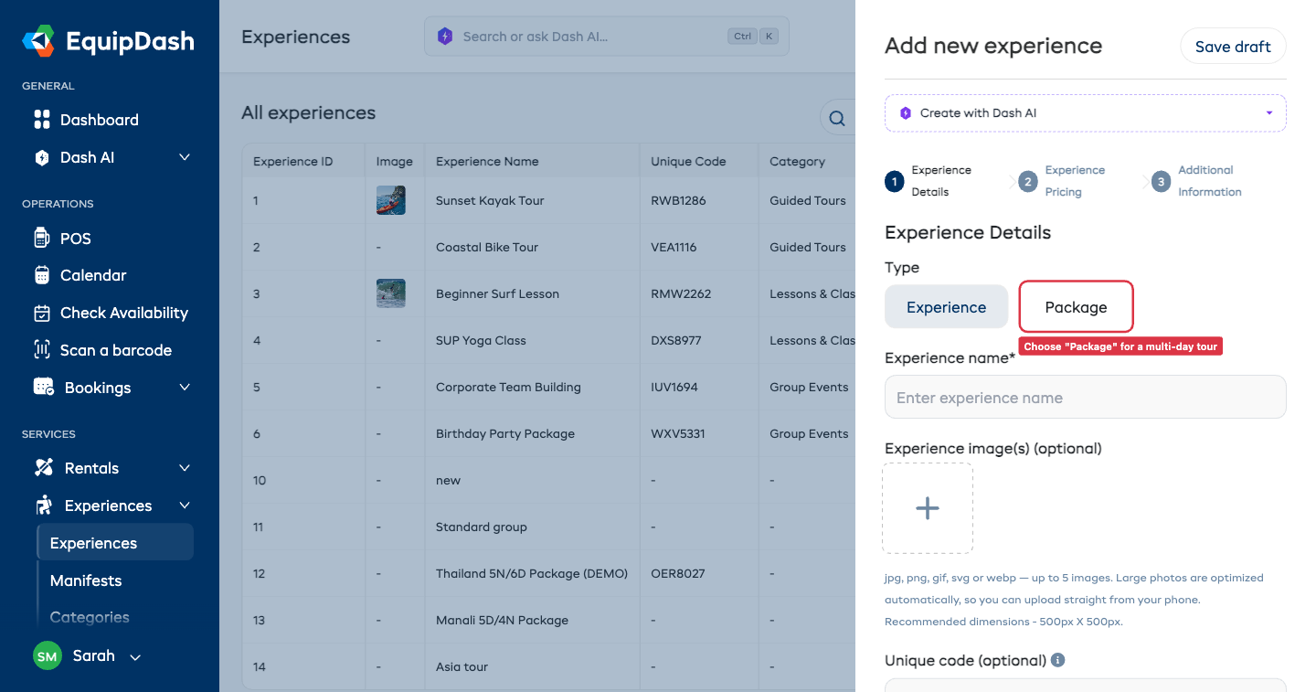 The Add Experience panel open on the experience-type chooser, with the Package option highlighted next to Experience