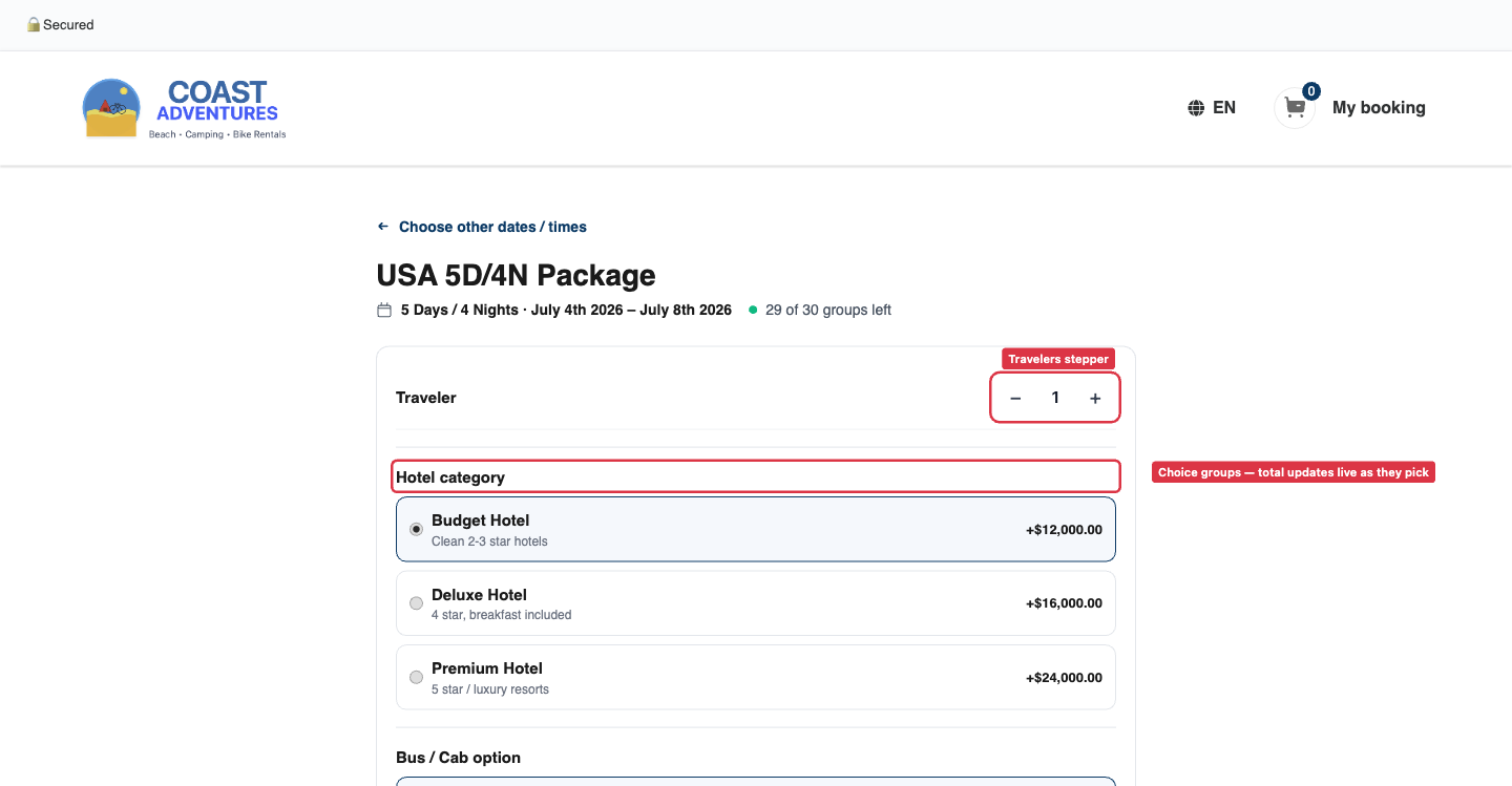 The customer booking widget for a package, showing the Travelers stepper and the Hotel category choice selector with a price beside each option, plus the coach choice group below