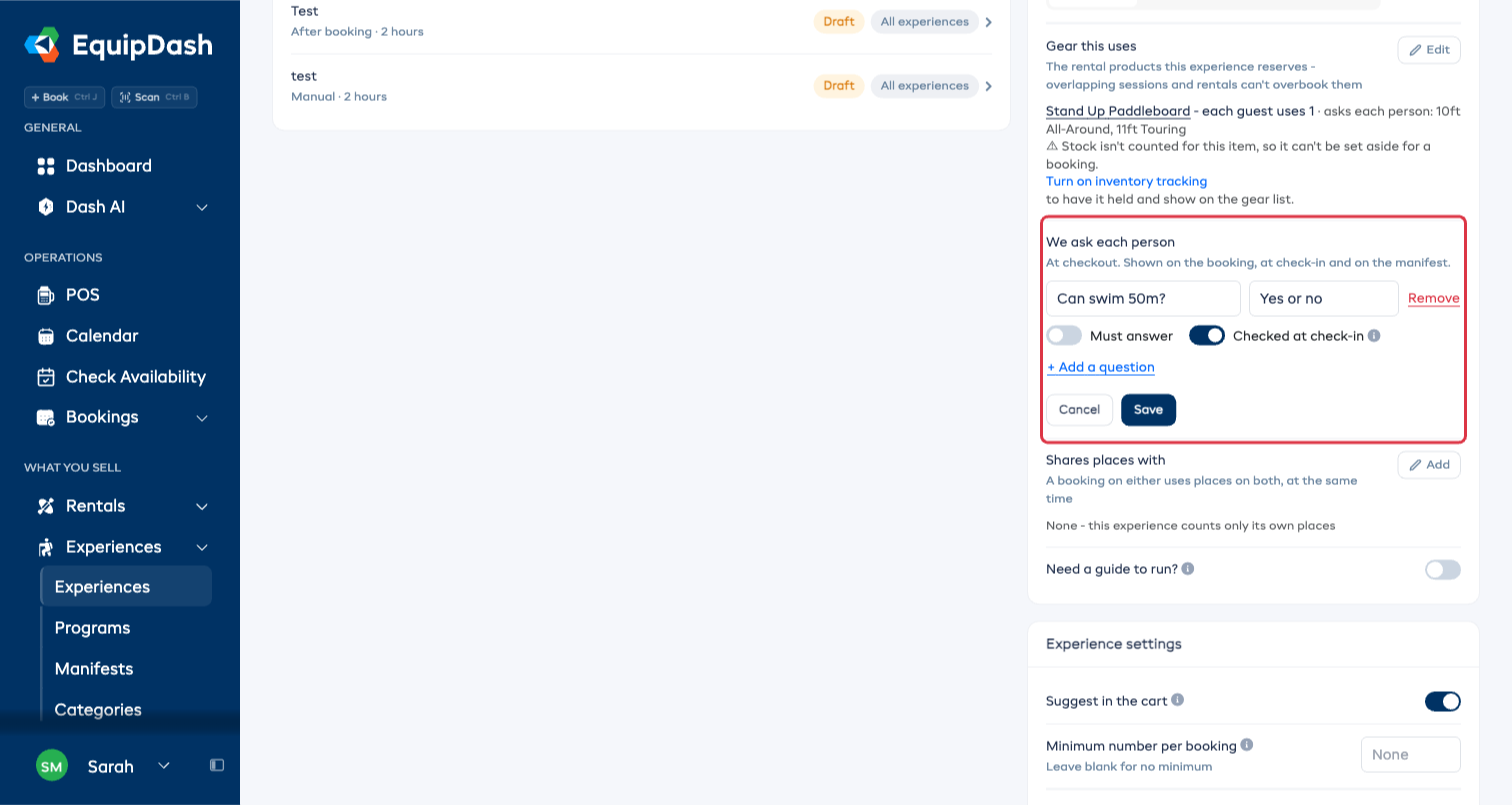 The We ask each person editor with a Yes or no question checked at check-in