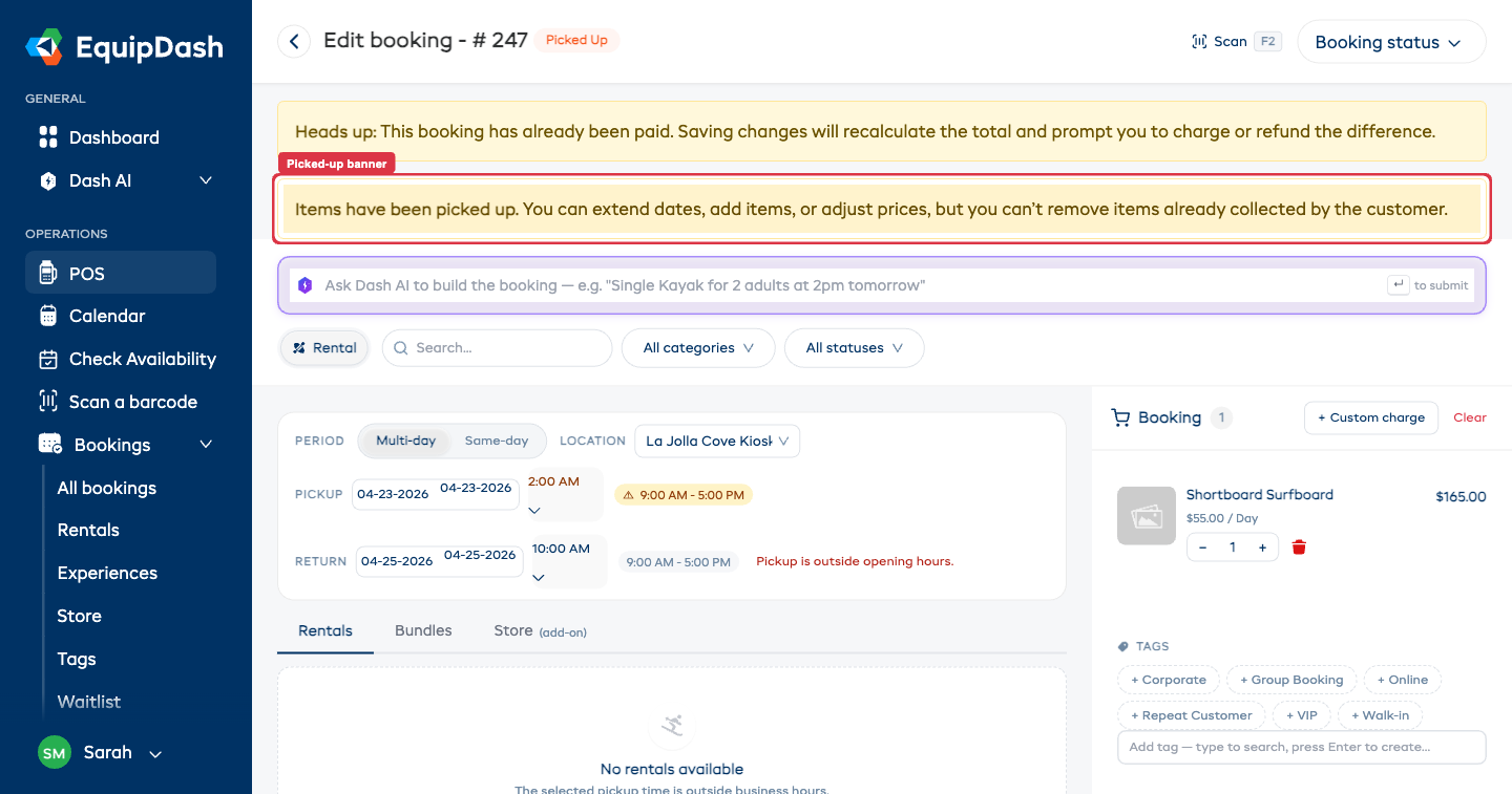 Edit booking page for a Picked Up booking showing the warning banner and status pill.
