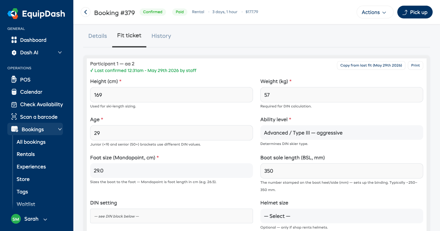 The Fit ticket tab on a booking detail page, showing one participant card with height, weight, age, ability, foot size, boot sole length, DIN and helmet fields.