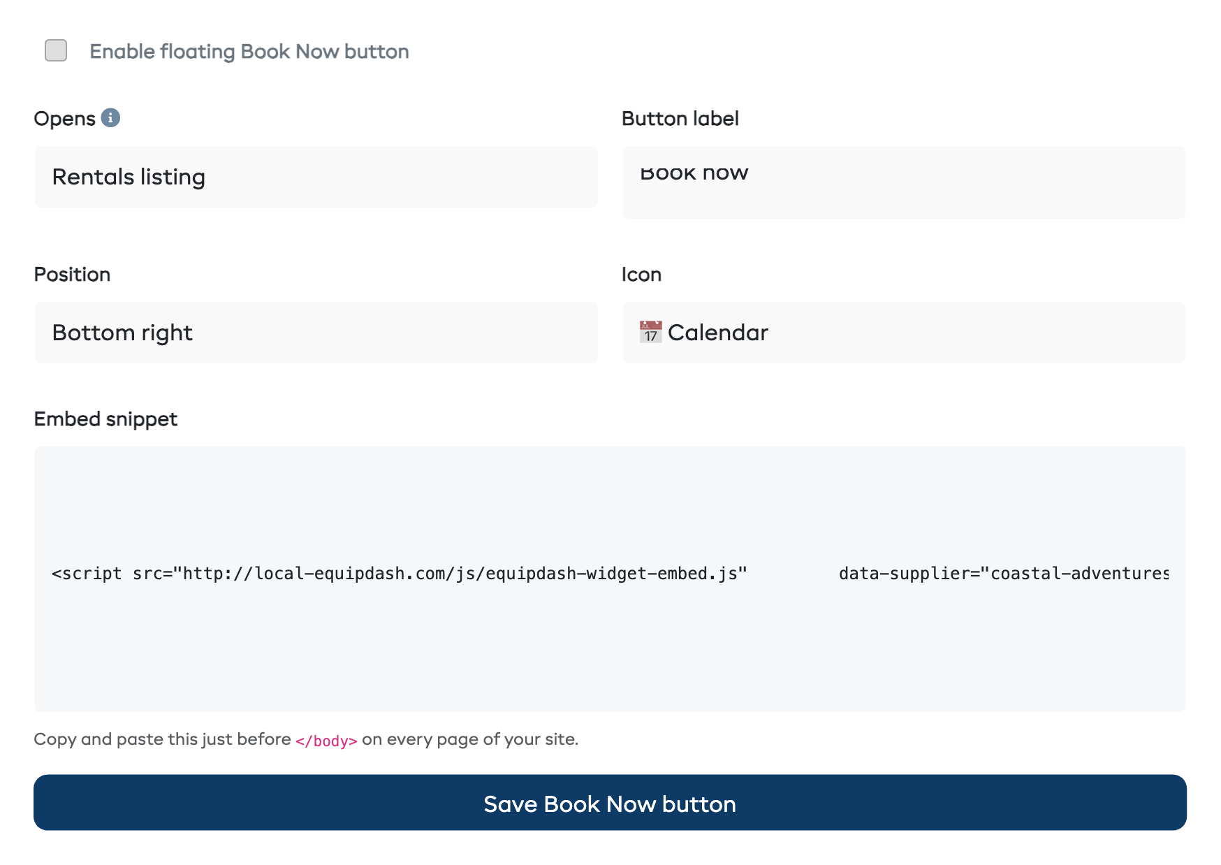 Floating button configuration on the Embed tab