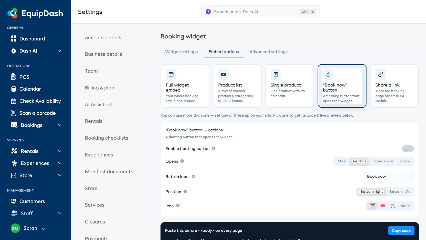 The "Book now" button options and live preview in the Embed options tab