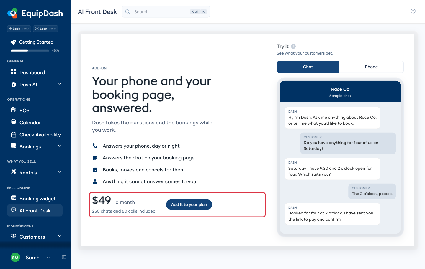 The AI Front Desk page for a shop that has not bought the add-on