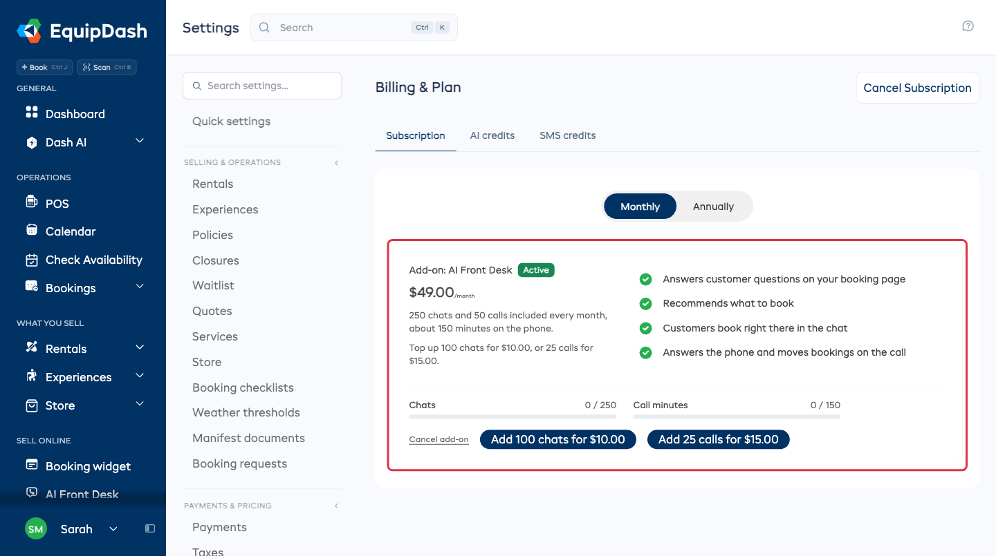 The Add-on: AI Front Desk panel on the Billing and plan page