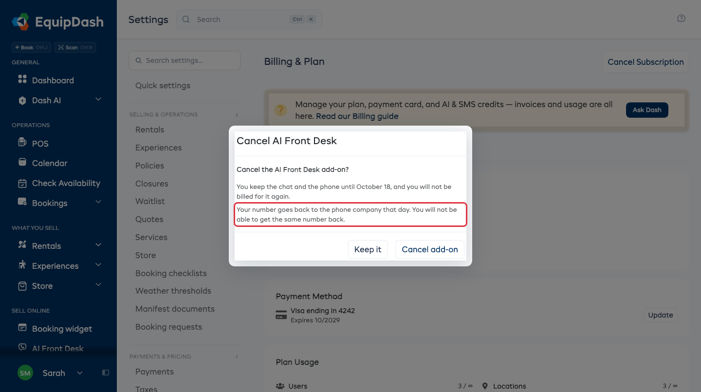 The Cancel AI Front Desk confirmation, naming the day and what happens to the number