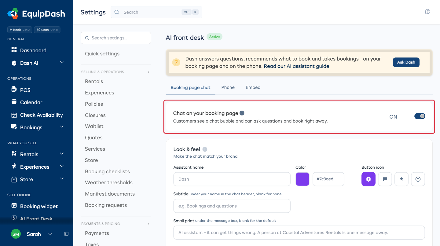 The Chat on your booking page switch on the Booking page chat tab