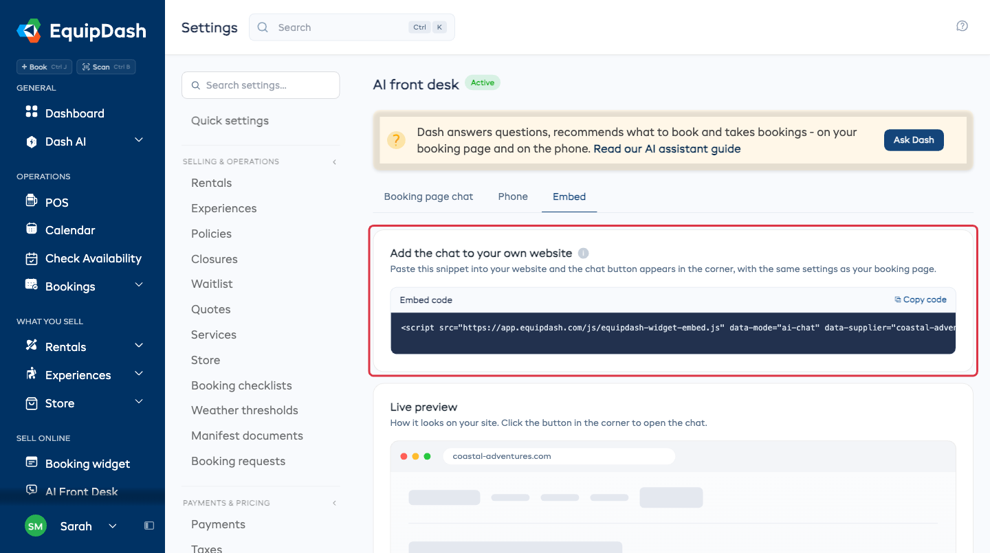 The Embed tab with the snippet and the copy button