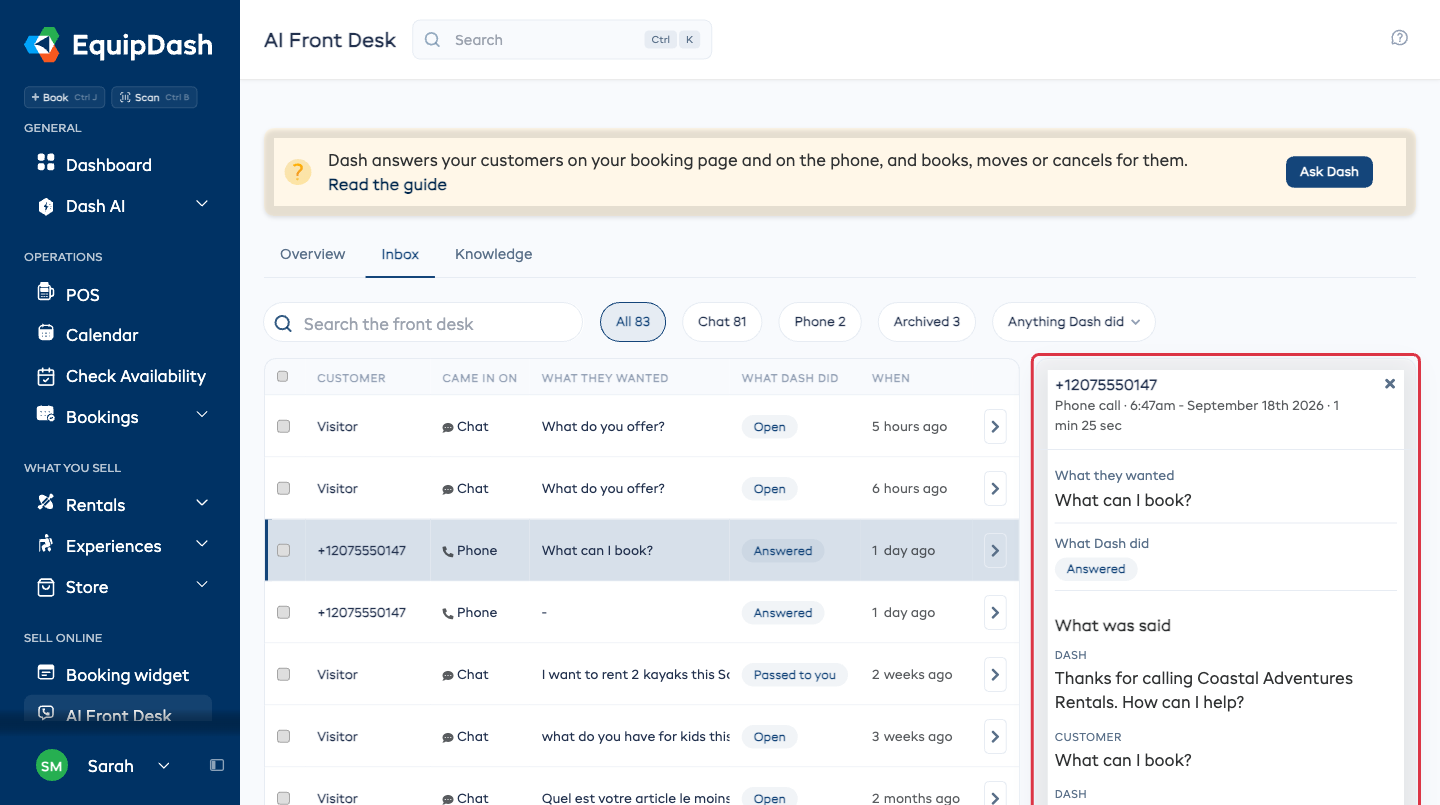 The Inbox tab with the list on the left and one conversation open beside it