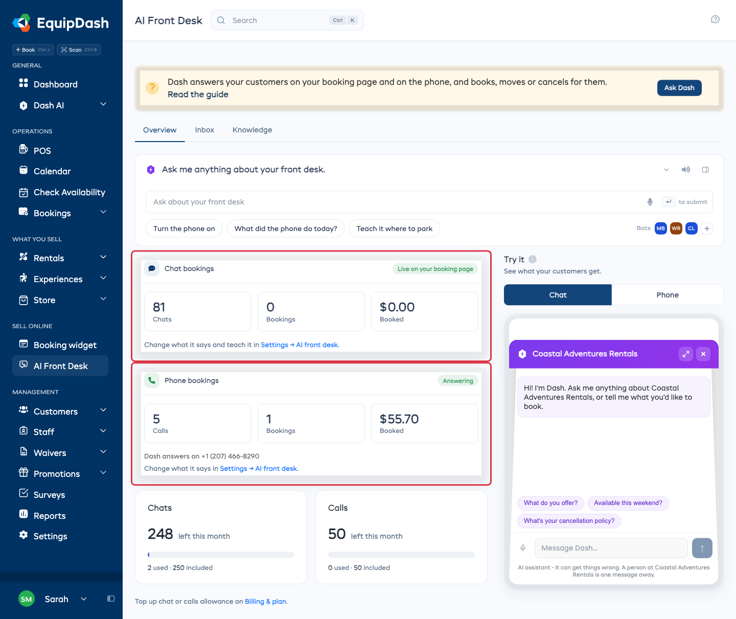 The AI Front Desk page showing the chat and phone cards side by side