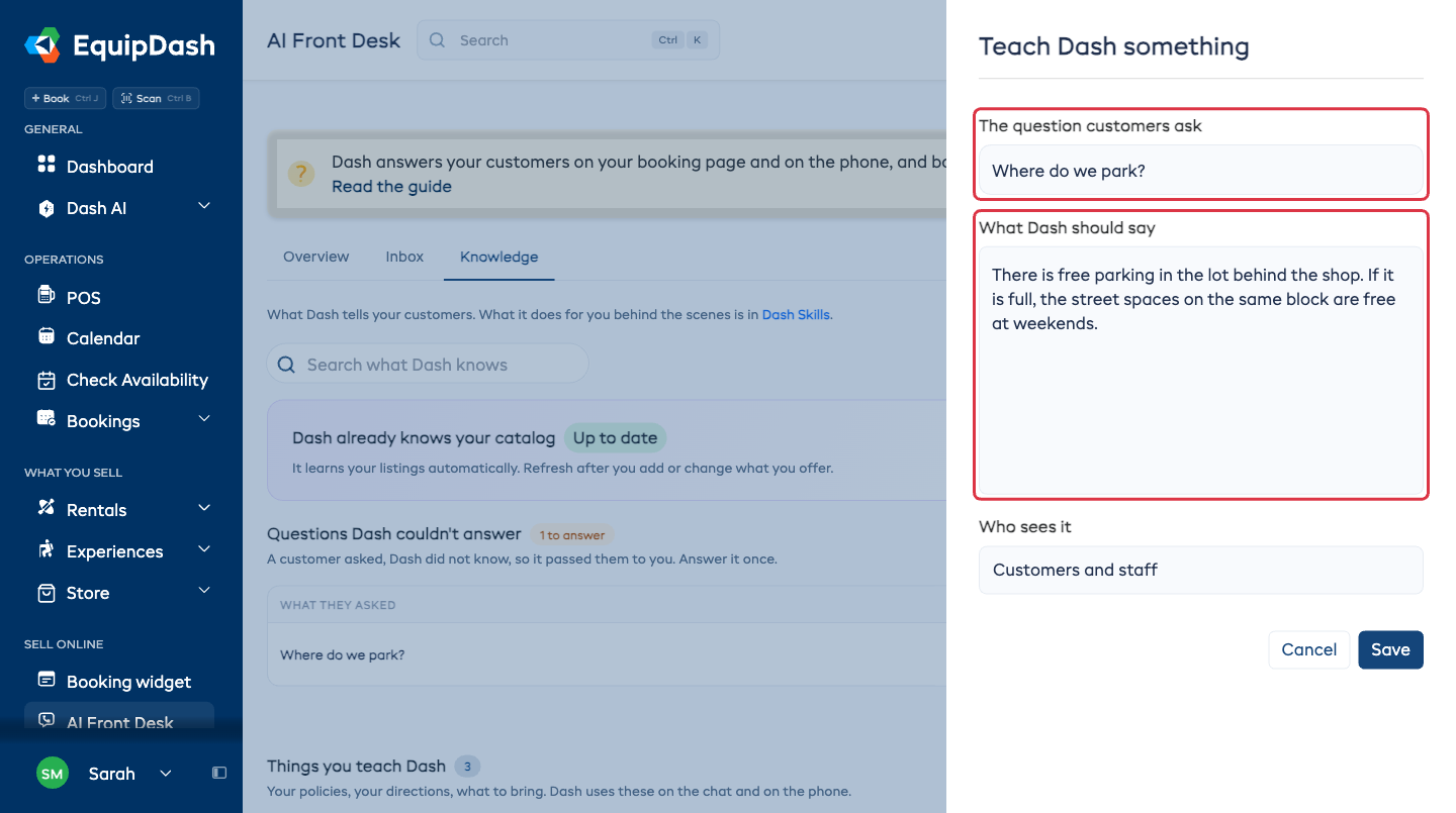 The Teach Dash something drawer with a question and an answer written