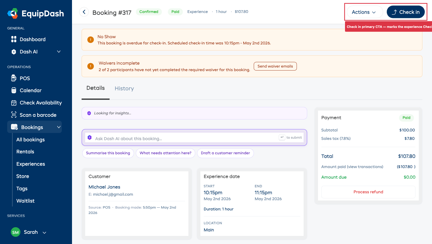 An experience booking detail page showing the Check in and Complete buttons in the top-right corner.
