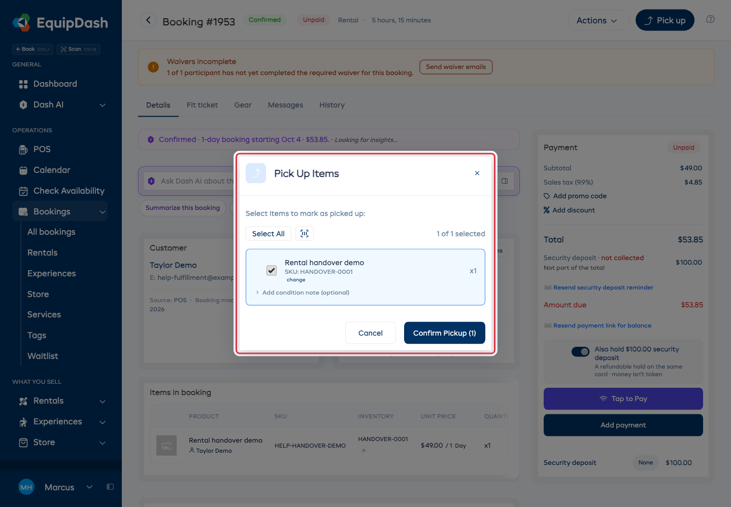 The pickup modal with a list of booking items, checkboxes next to each, and a Confirm Pickup button at the bottom.