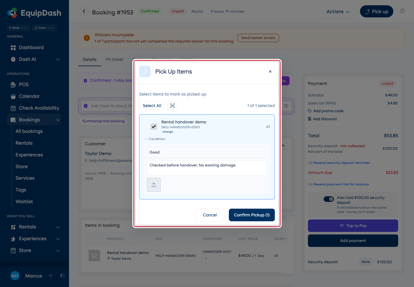 The pickup modal with the condition section expanded, showing the condition dropdown, notes field, and photo upload area.