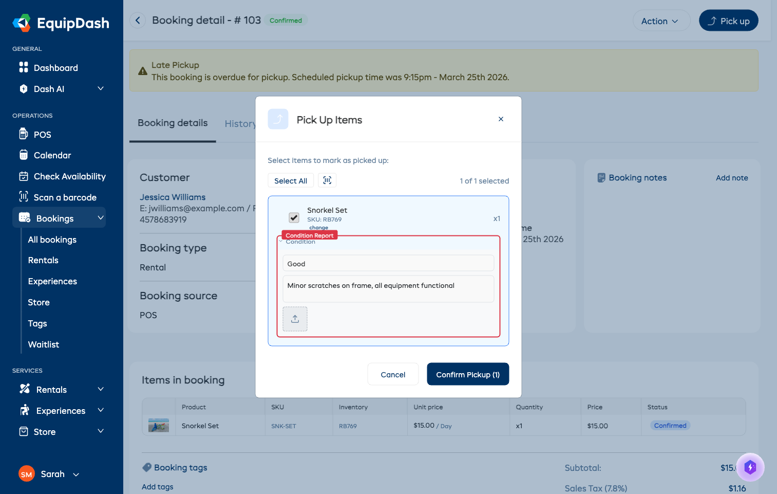 The pickup modal with the condition section expanded, showing the condition dropdown, notes field, and photo upload area.