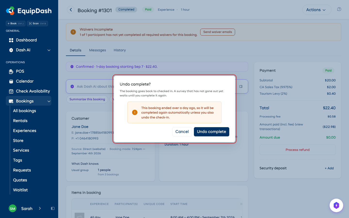 The Undo complete confirmation, with a warning that a booking that ended over a day ago will be completed again automatically.