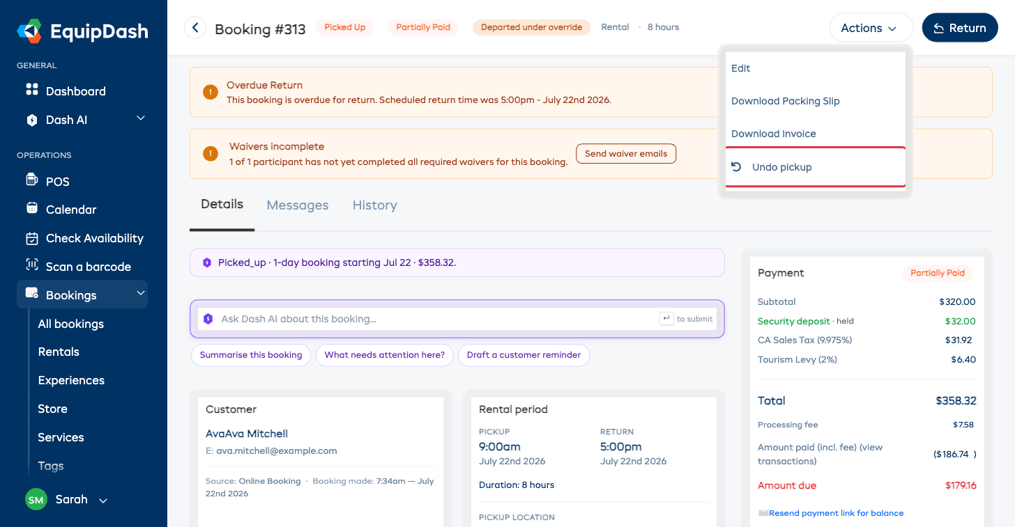 The Actions menu open on a picked-up booking, with the Undo pickup option outlined.