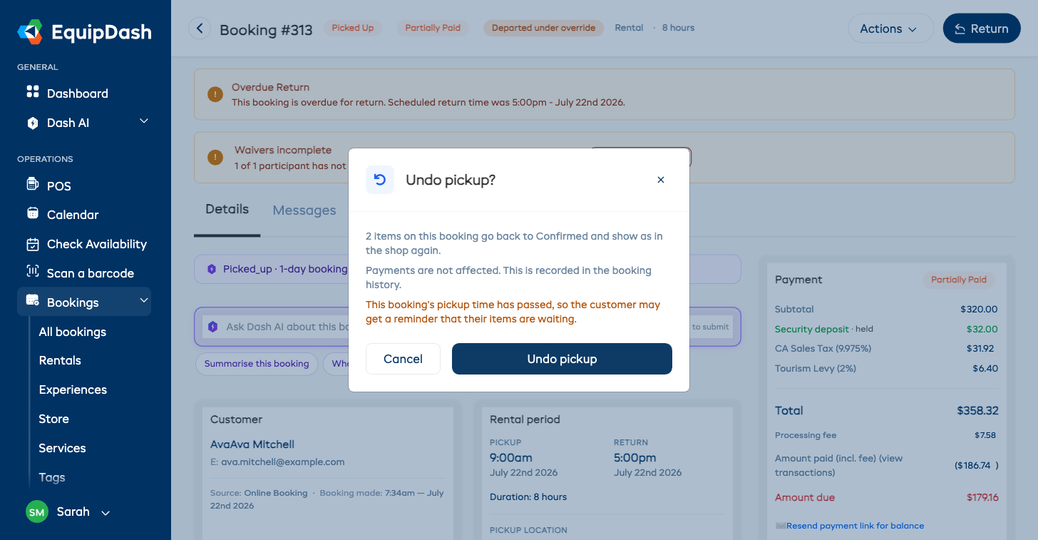 The Undo pickup confirmation, showing how many items will move, that payments are not affected, and a note that the customer may get a reminder.