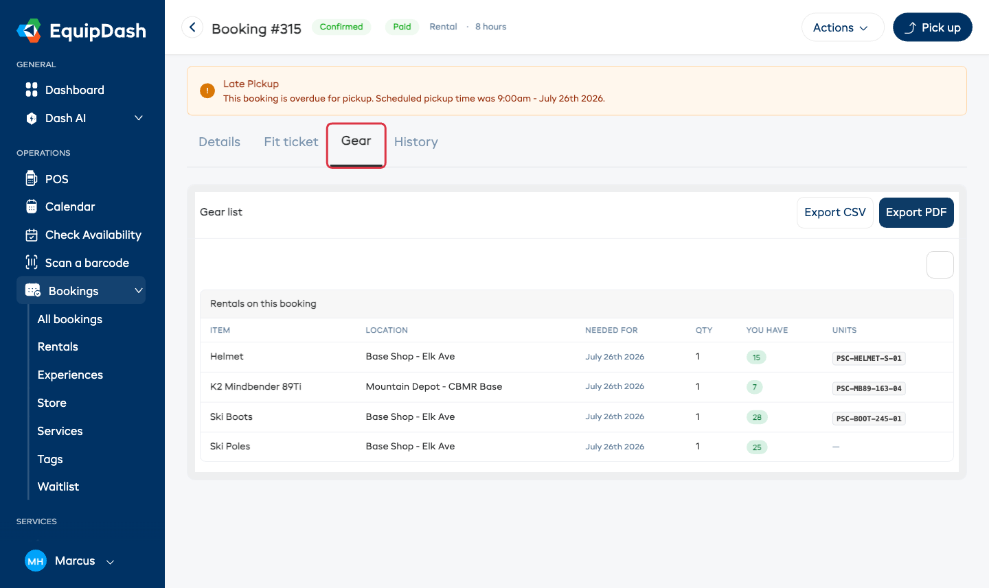 The Gear tab on a booking, showing each item with the site it comes from, the date it's needed for, how many, how many you have, and the individual item tags