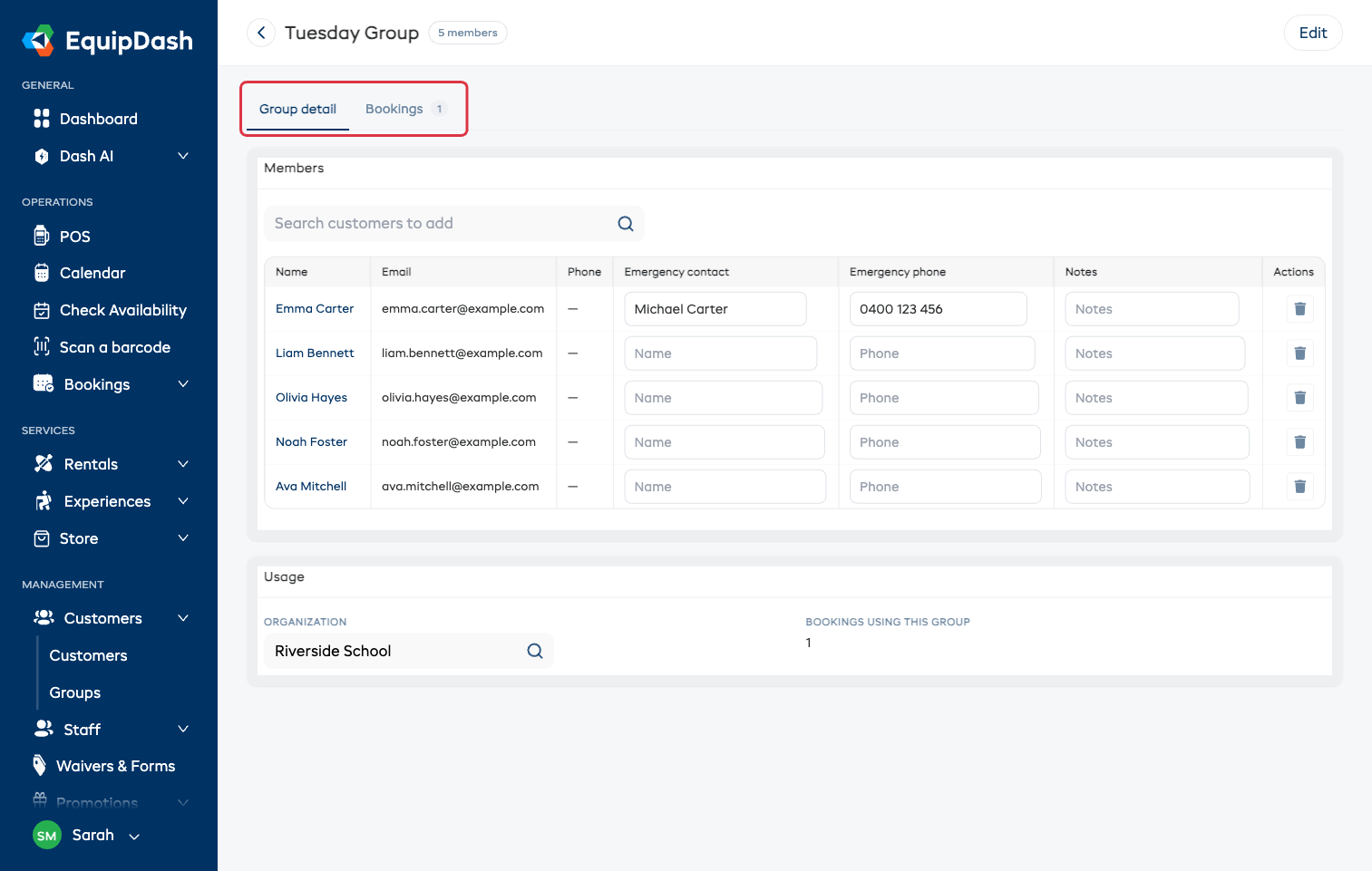 The group detail page: the Group detail and Bookings tabs, the Members roster with emergency contact and notes fields, and the Usage panel below