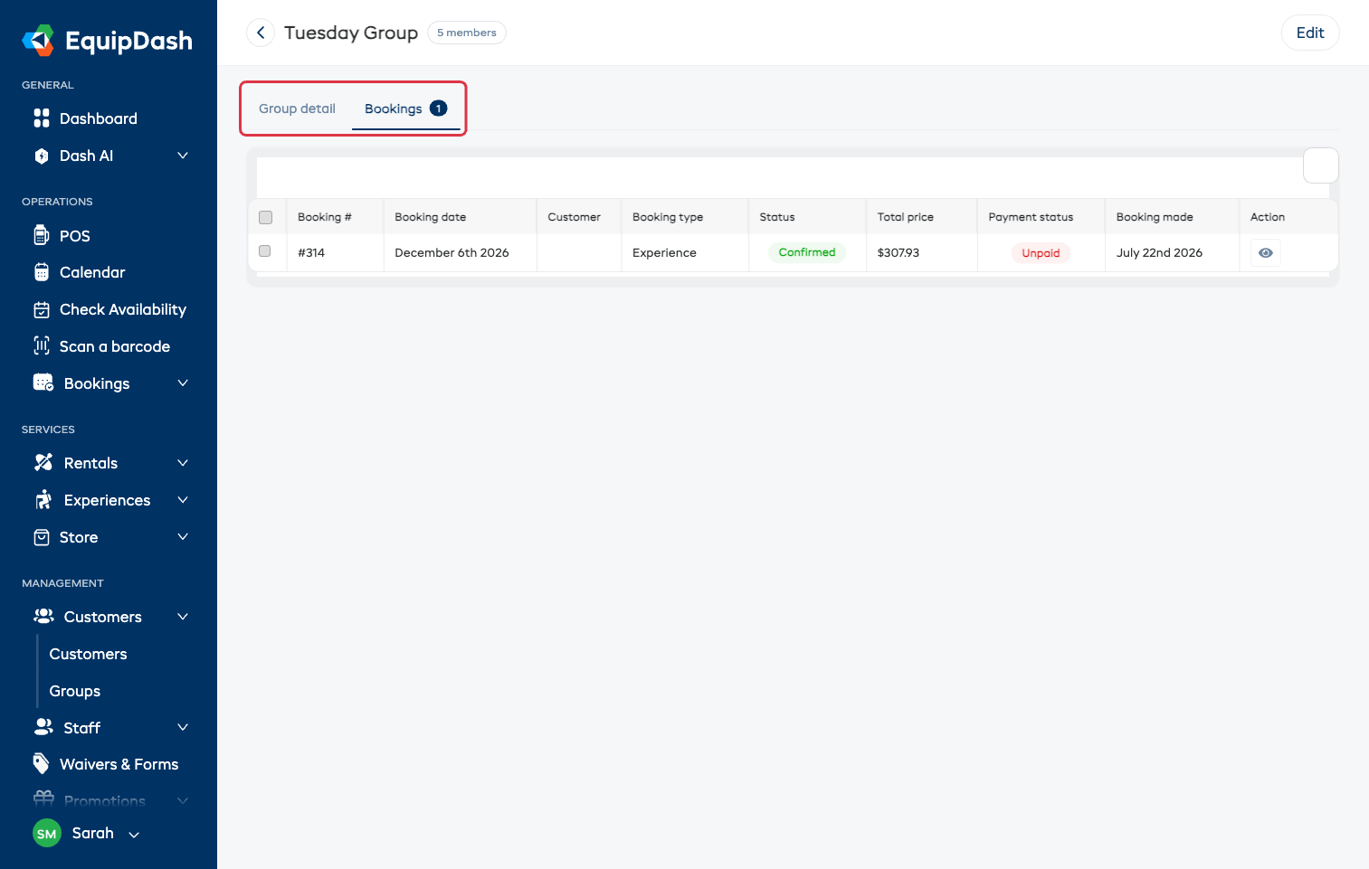 The Bookings tab on the group page showing every booking the group has been added to