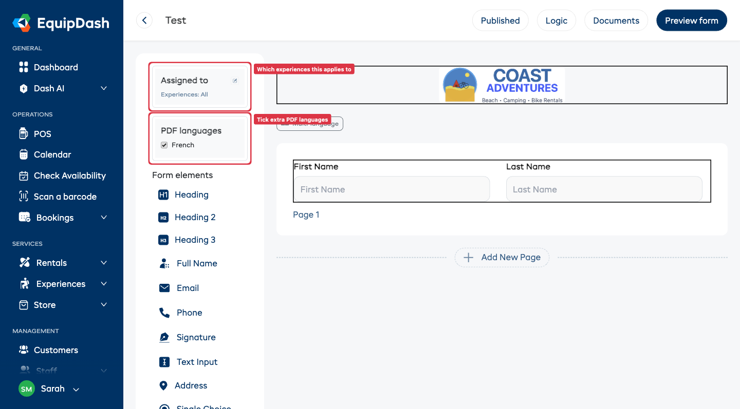 The guide form builder showing the Assigned to box and the PDF languages box on the left