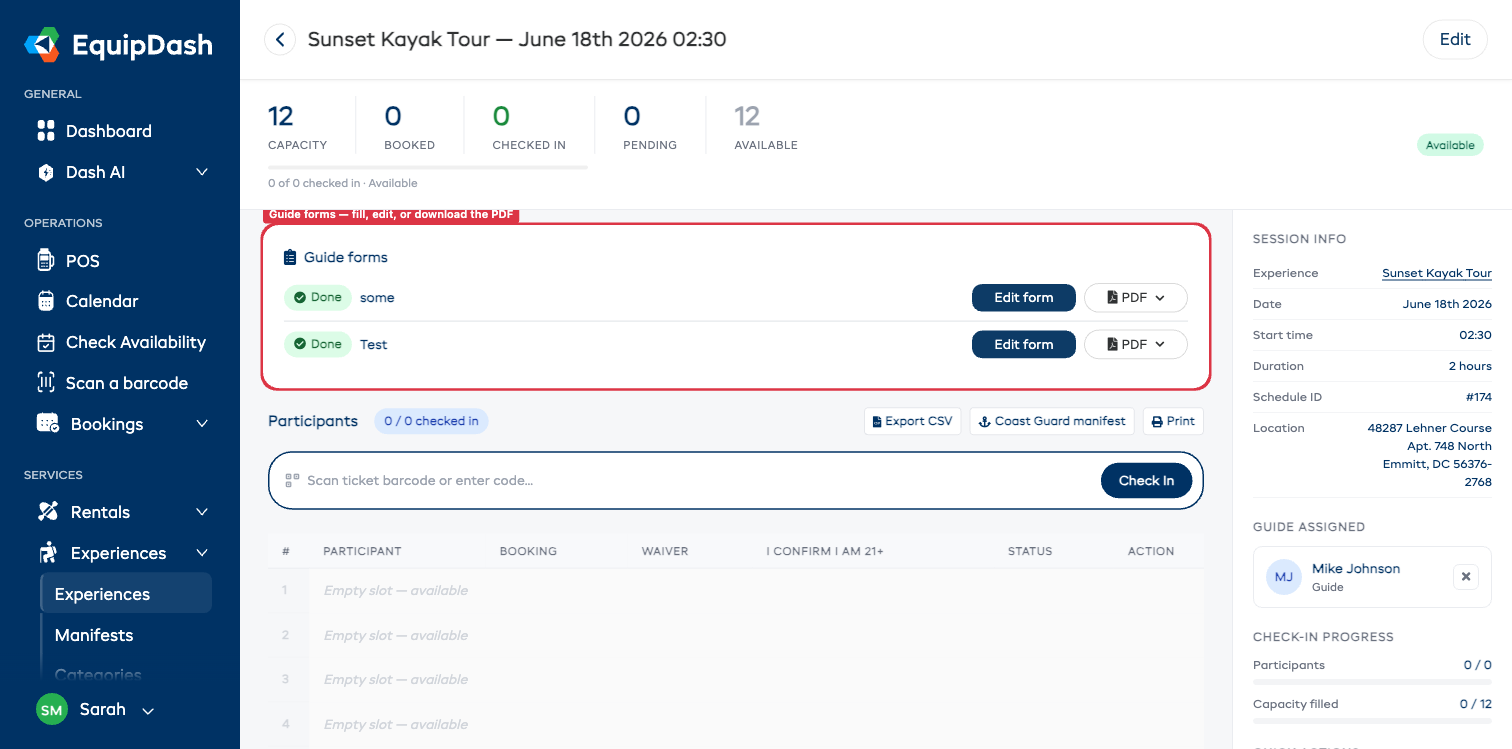 A departure detail page showing the Guide forms panel with a Fill form button and a status badge