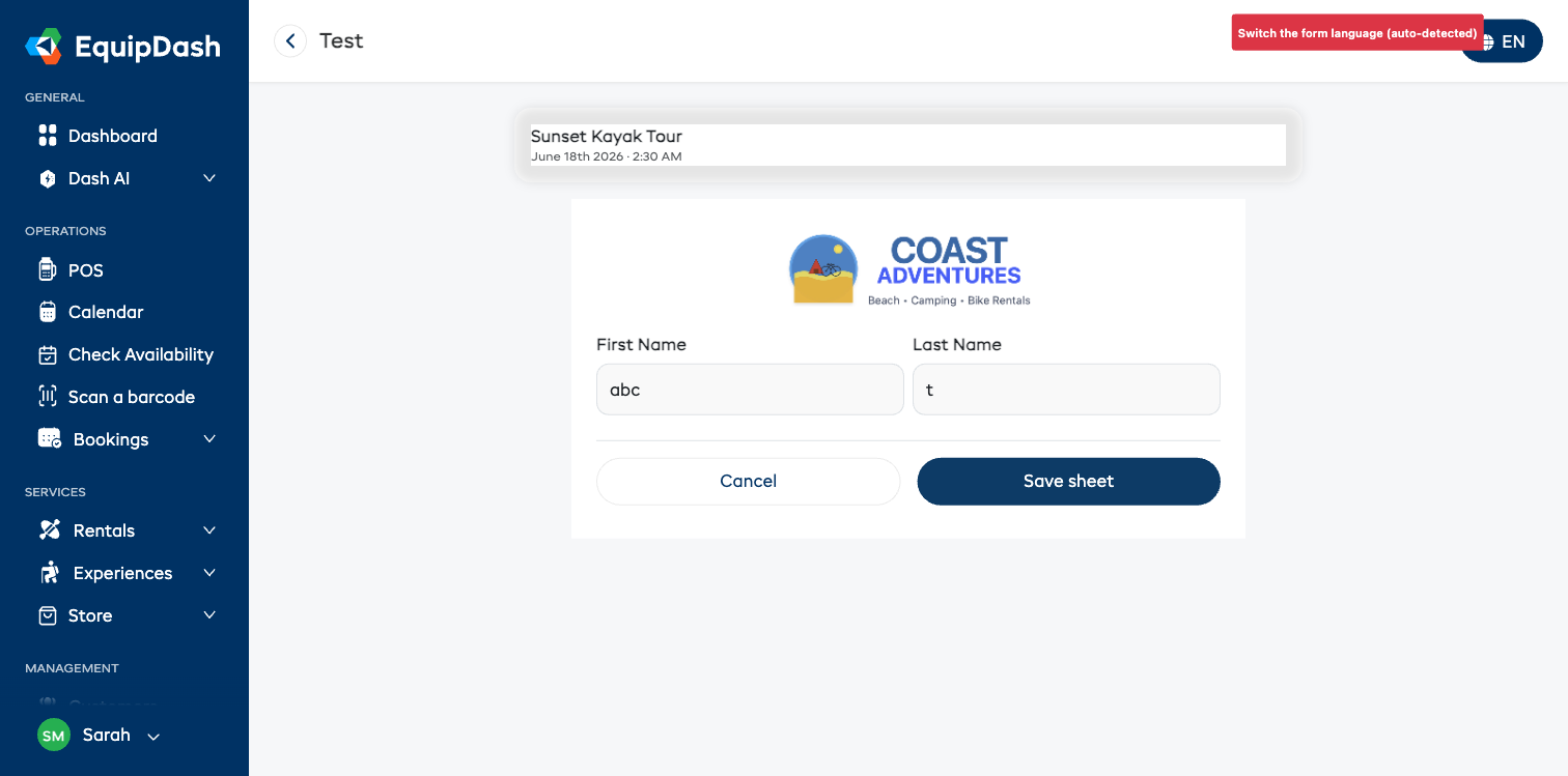 A guide filling in a pre-departure form, with the experience and date shown at the top
