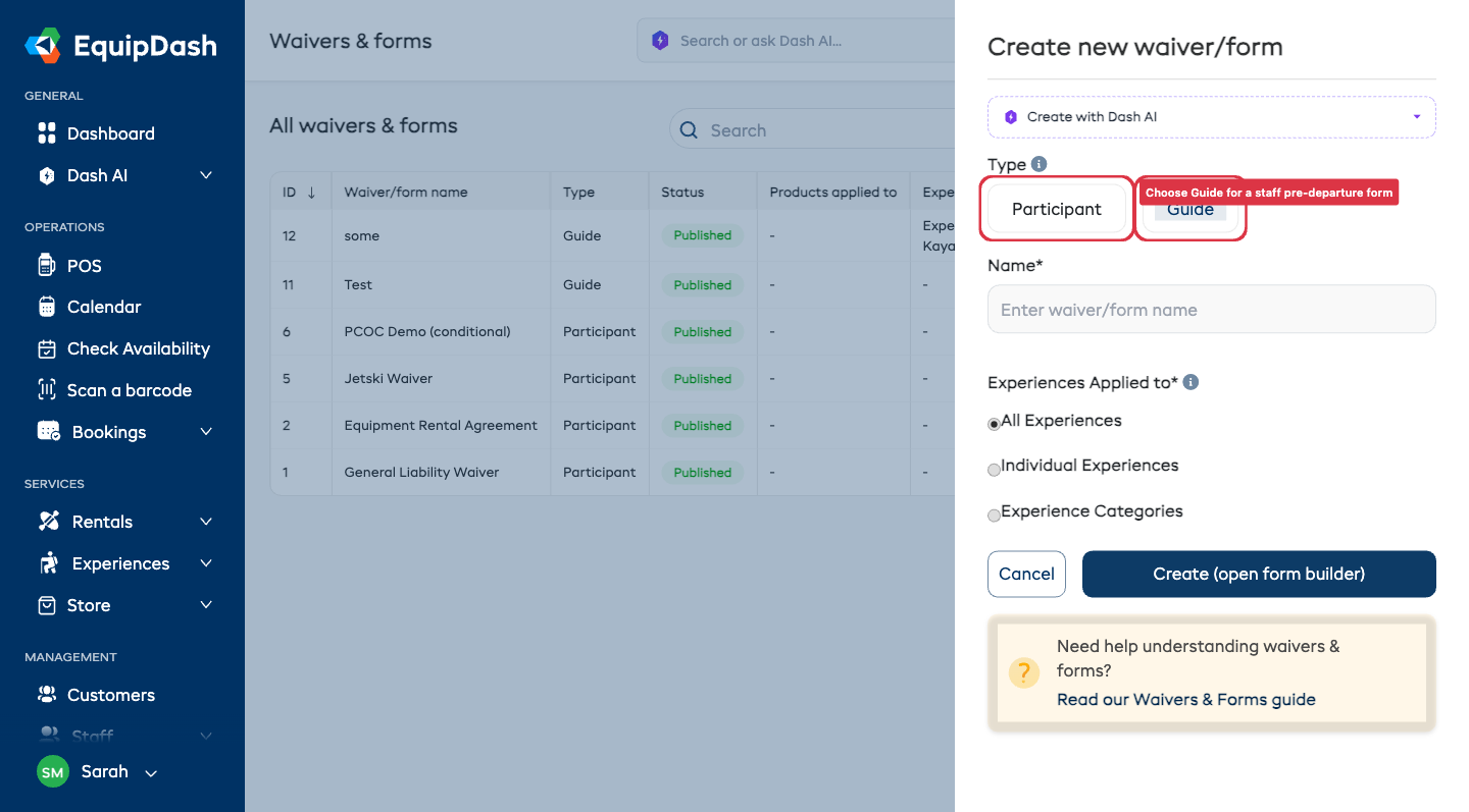The New waiver/form panel with the Type selector set to Guide, showing Participant and Guide options