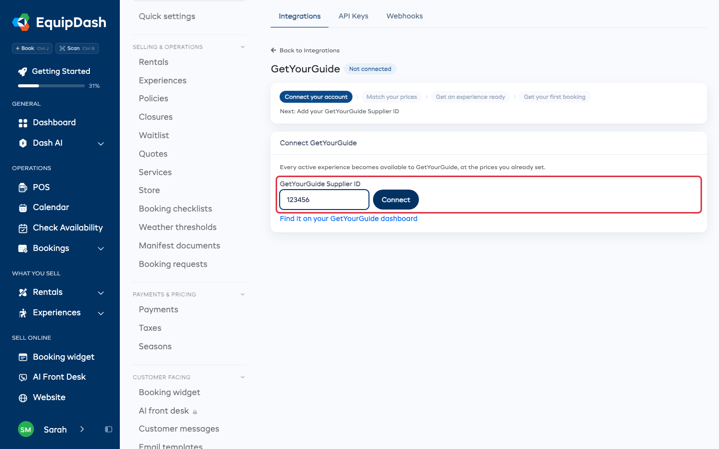 Typing the Supplier ID and clicking Connect