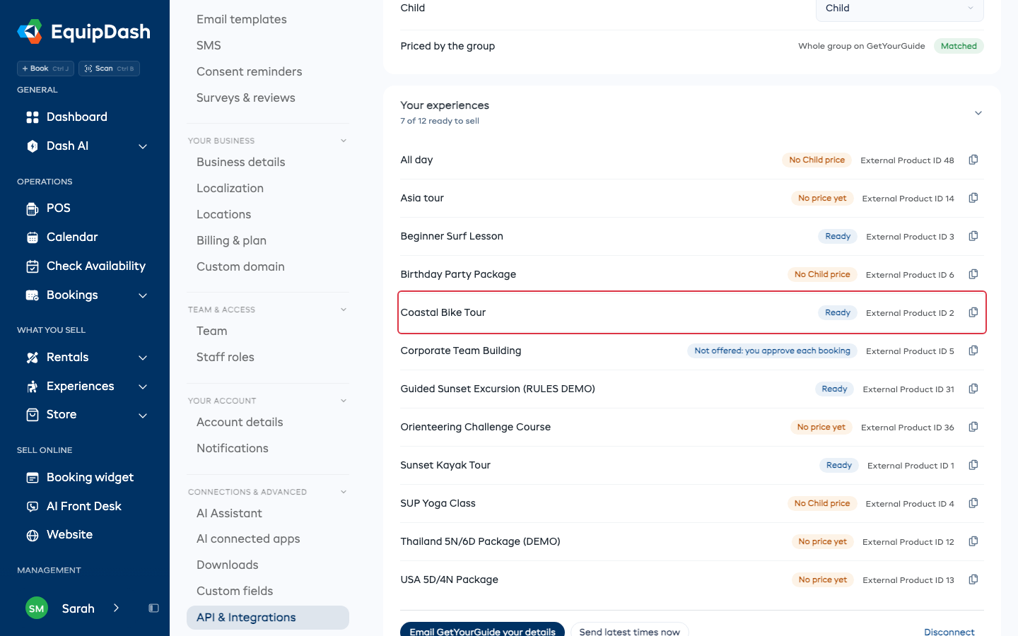 An experience that is ready, with its External Product ID and copy icon