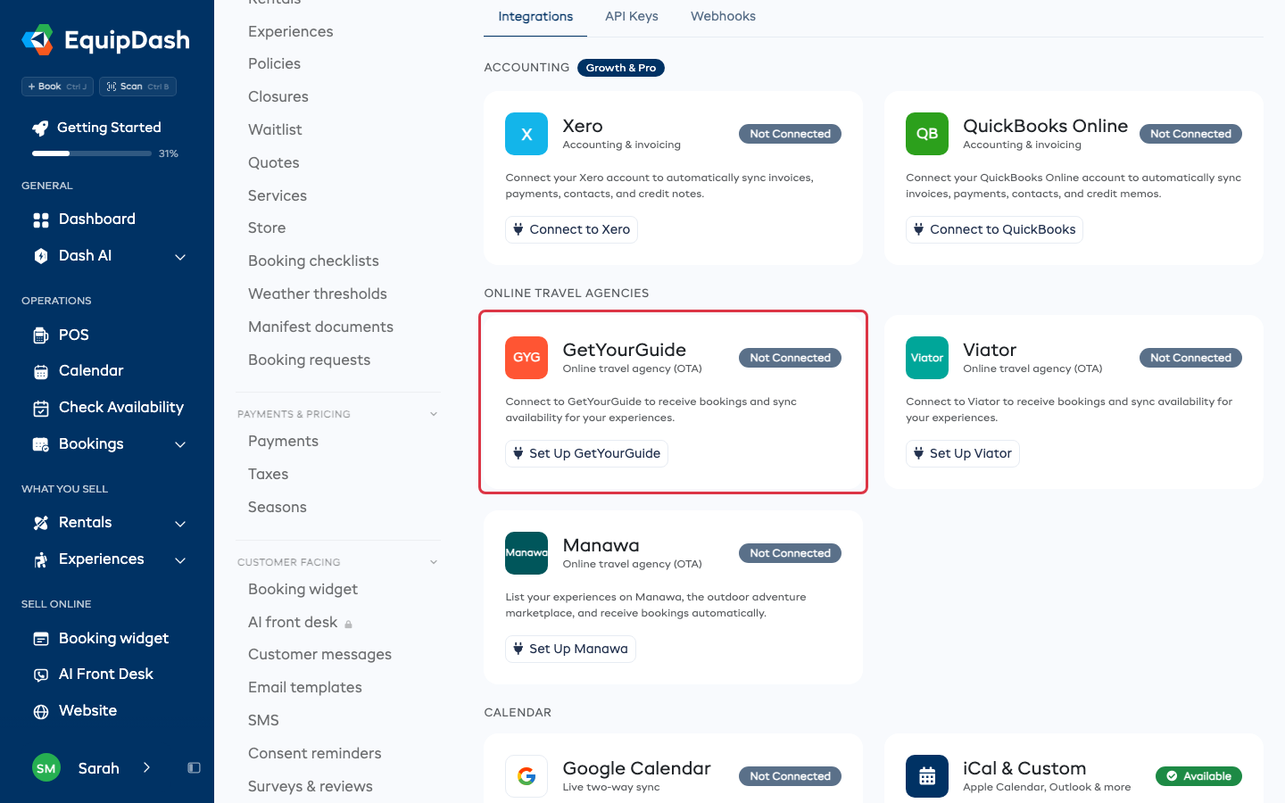 The GetYourGuide card on the API &amp; Integrations page