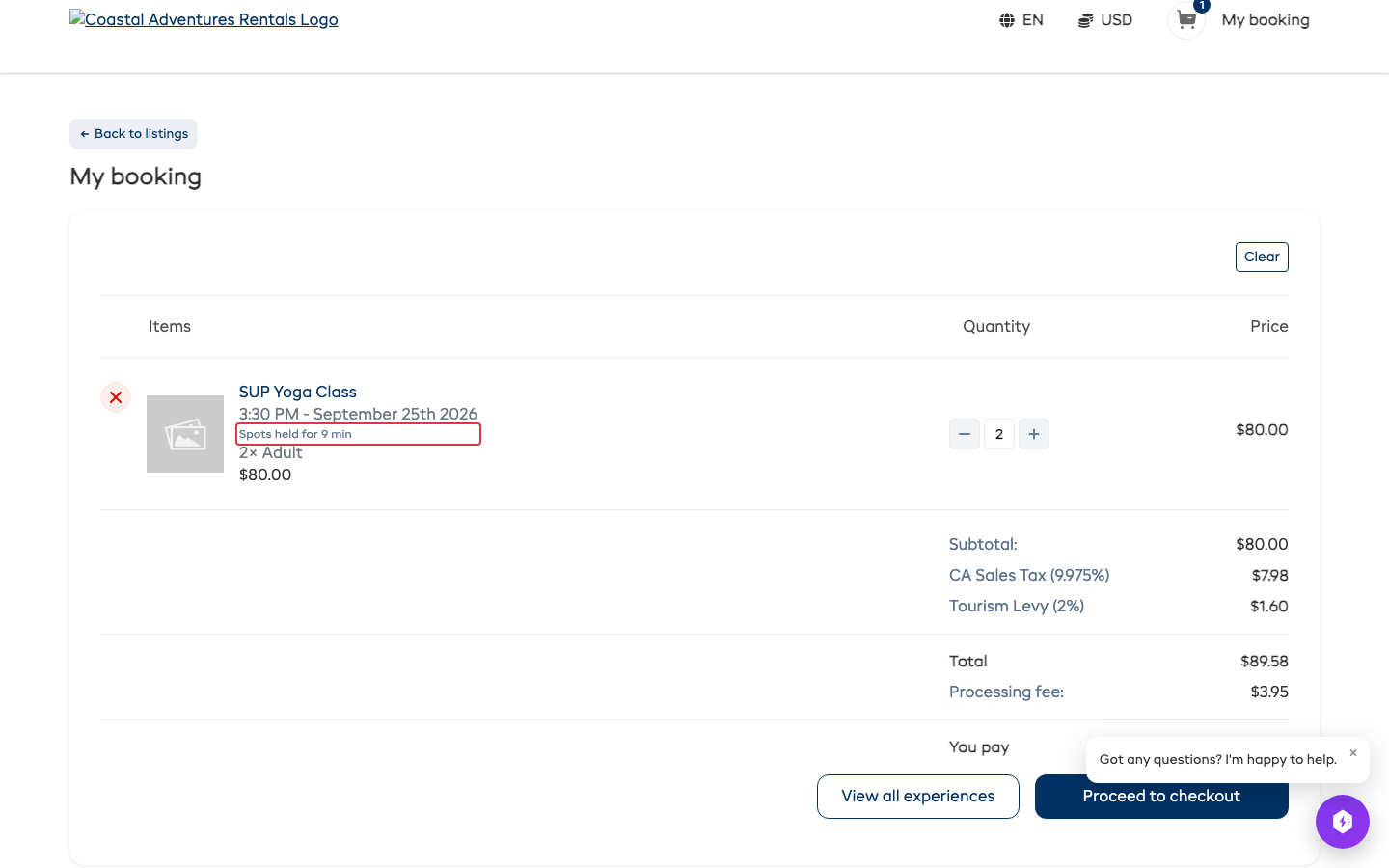 A held experience in the booking page cart