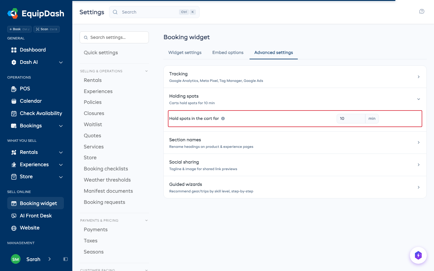 The Holding spots section on Settings, Booking widget, Advanced settings