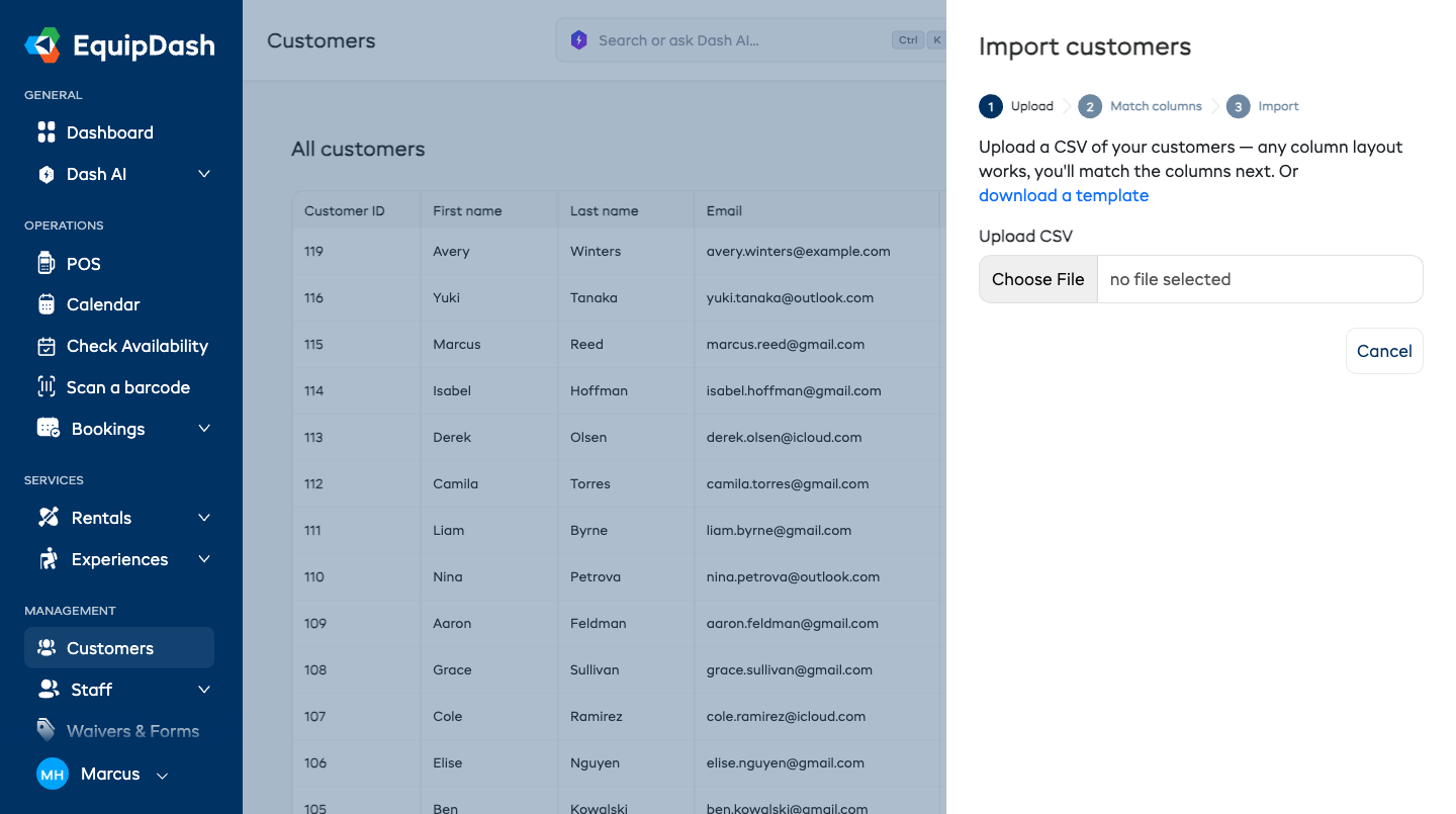 The import customers panel on the upload step, with the file picker and template download link