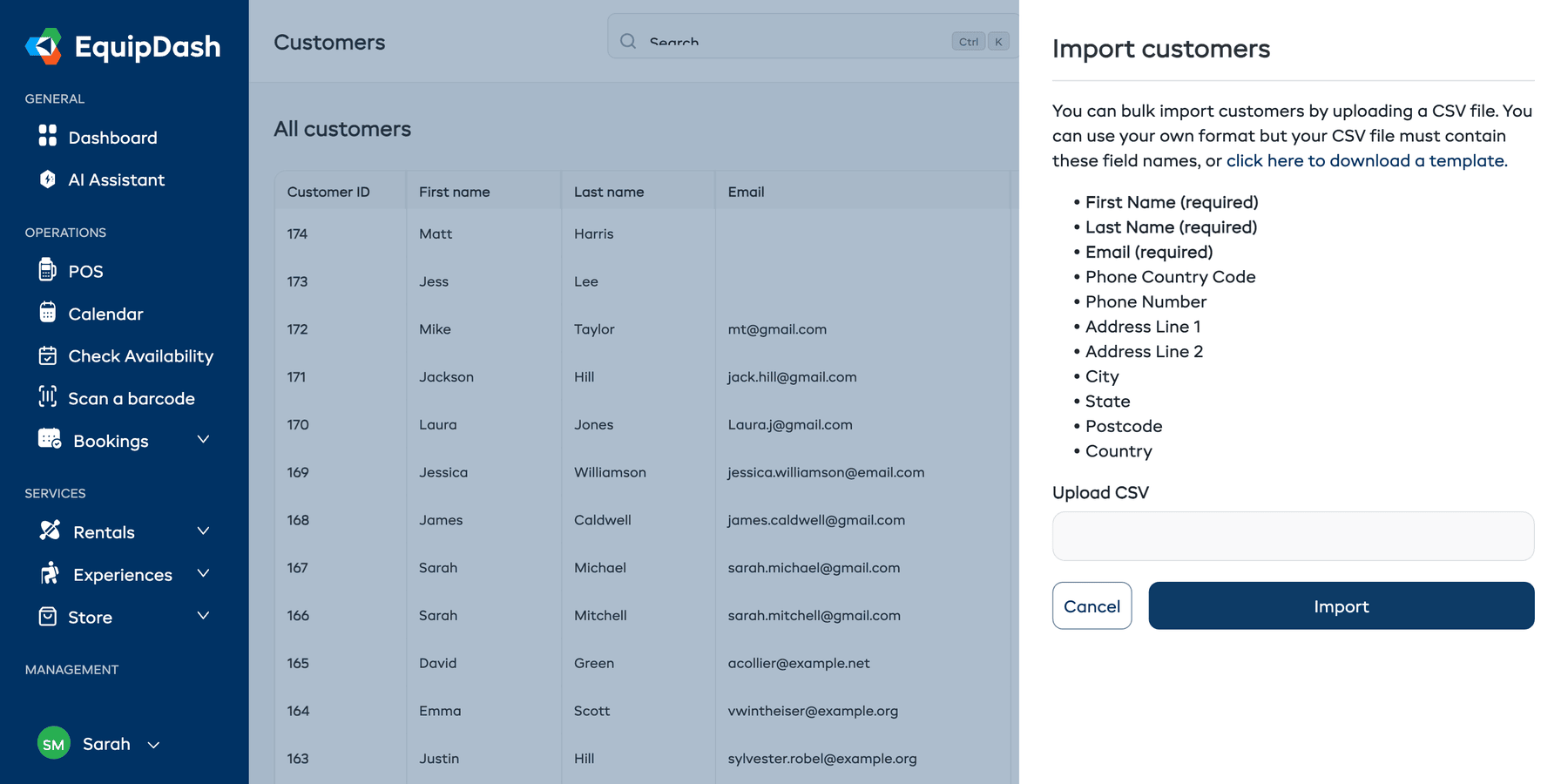 The import customers panel showing the required and optional column names, file upload, and Import button
