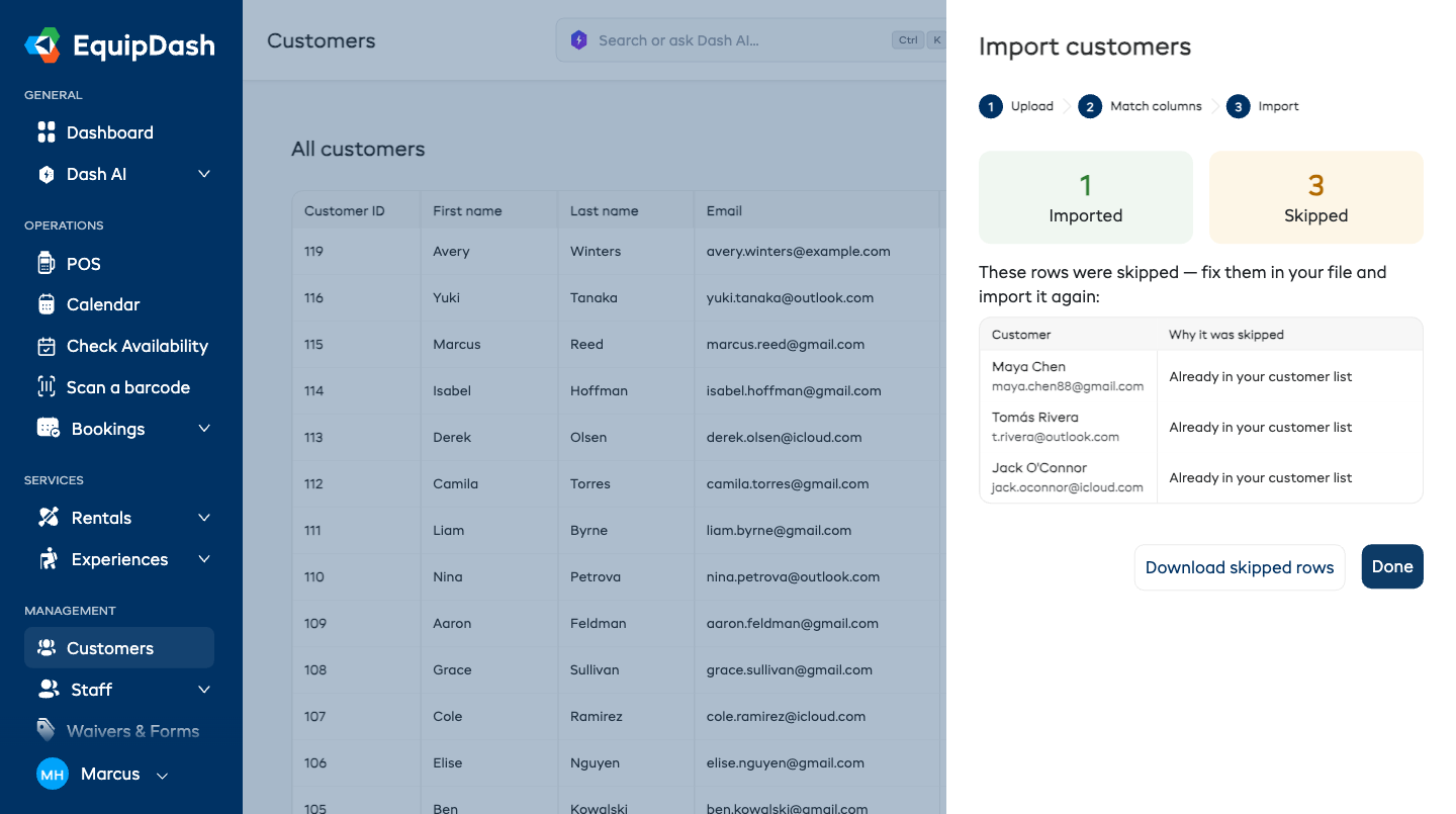 The results step showing how many customers were imported and which rows were skipped, with a plain-English reason for each